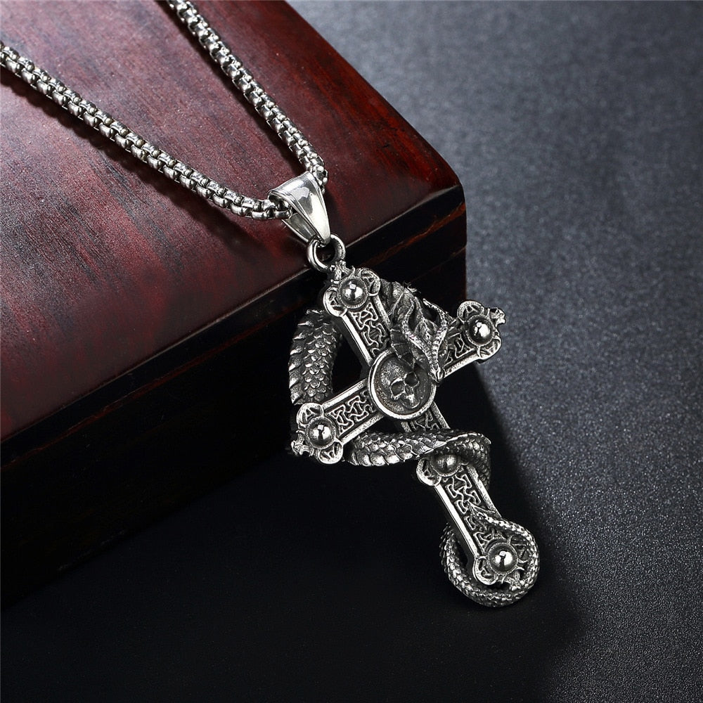 Gothic Skull Cross Pendant Necklace Stainless Steel Punk Biker Men Skull Dragon Necklace Jewelry Gothic Jewelry Gift Wholesale