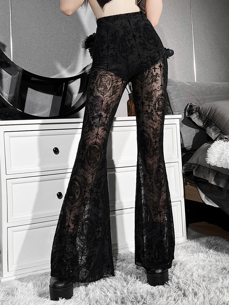 Dragon Hollywood X - Gothic Black Flare Pants Women Men Unisex Lolita see Through Sexy lace High Waist Pants Aesthetic - BEVERLY HILLS - CALIFORNIA