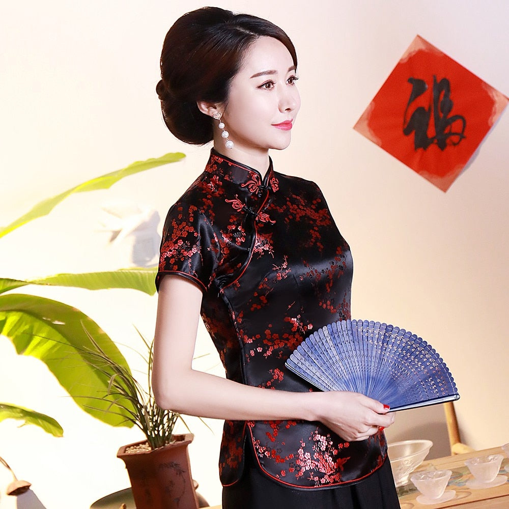 Dragon Hollywood X - Vintage Flower Women Chinese Traditional Satin Blouse Summer Sexy Shirt Novelty Dragon Clothing Tops Plus Size 3XL4XL WS009