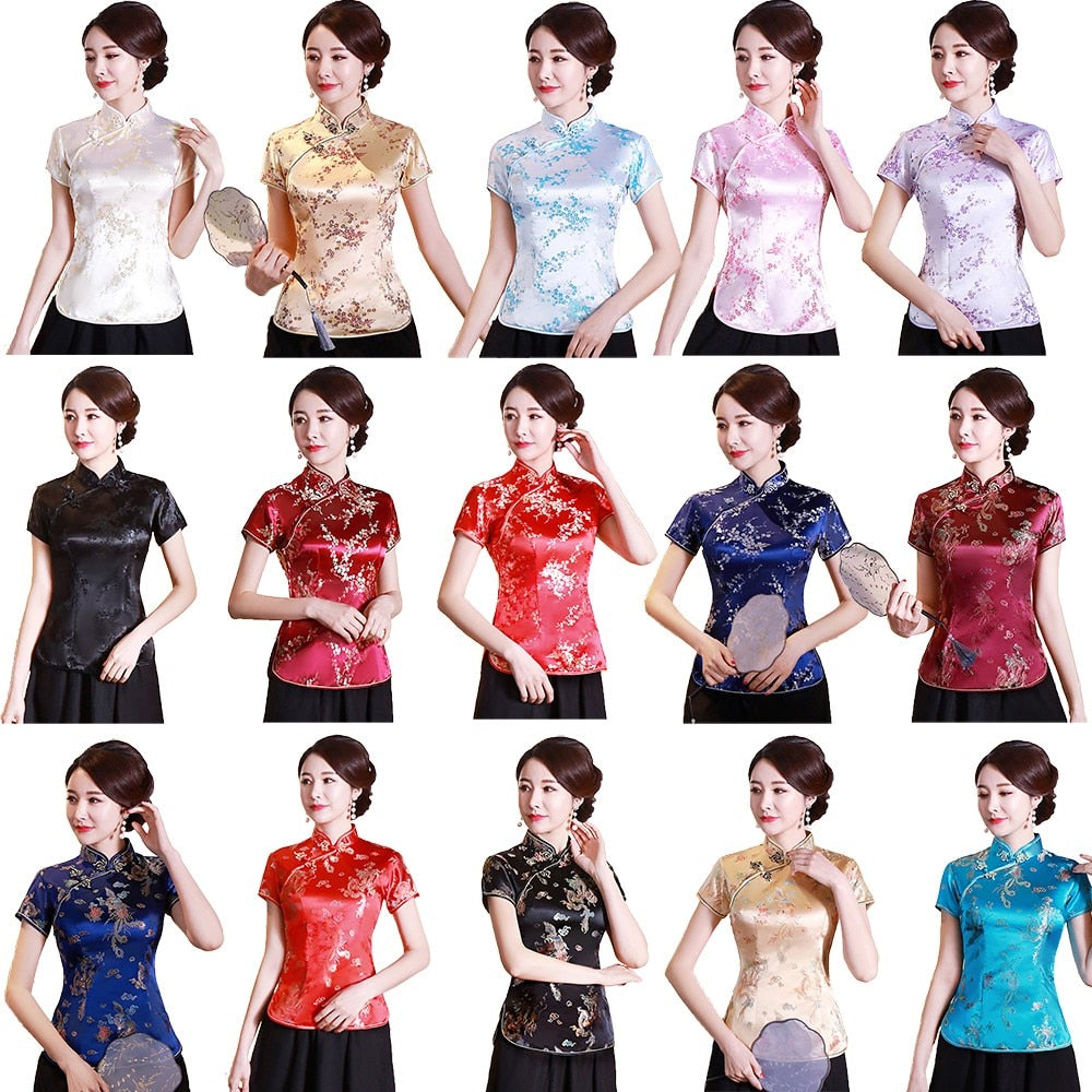 Dragon Hollywood X - Vintage Flower Women Chinese Traditional Satin Blouse Summer Sexy Shirt Novelty Dragon Clothing Tops Plus Size 3XL4XL WS009