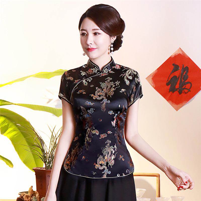 Dragon Hollywood X - Vintage Flower Women Chinese Traditional Satin Blouse Summer Sexy Shirt Novelty Dragon Clothing Tops Plus Size 3XL4XL WS009