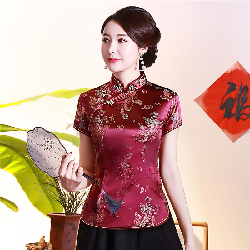 Dragon Hollywood X - Vintage Flower Women Chinese Traditional Satin Blouse Summer Sexy Shirt Novelty Dragon Clothing Tops Plus Size 3XL4XL WS009