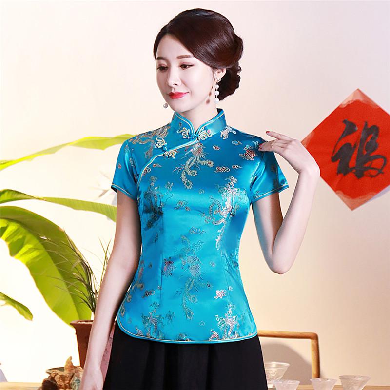 Dragon Hollywood X - Vintage Flower Women Chinese Traditional Satin Blouse Summer Sexy Shirt Novelty Dragon Clothing Tops Plus Size 3XL4XL WS009