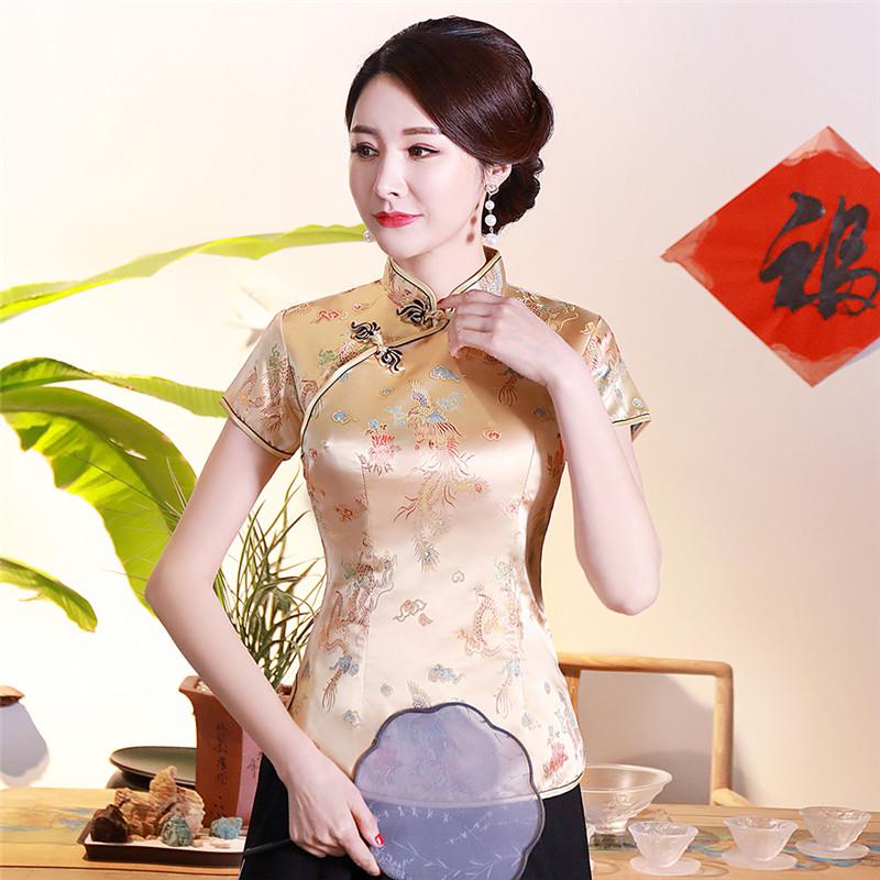 Dragon Hollywood X - Vintage Flower Women Chinese Traditional Satin Blouse Summer Sexy Shirt Novelty Dragon Clothing Tops Plus Size 3XL4XL WS009