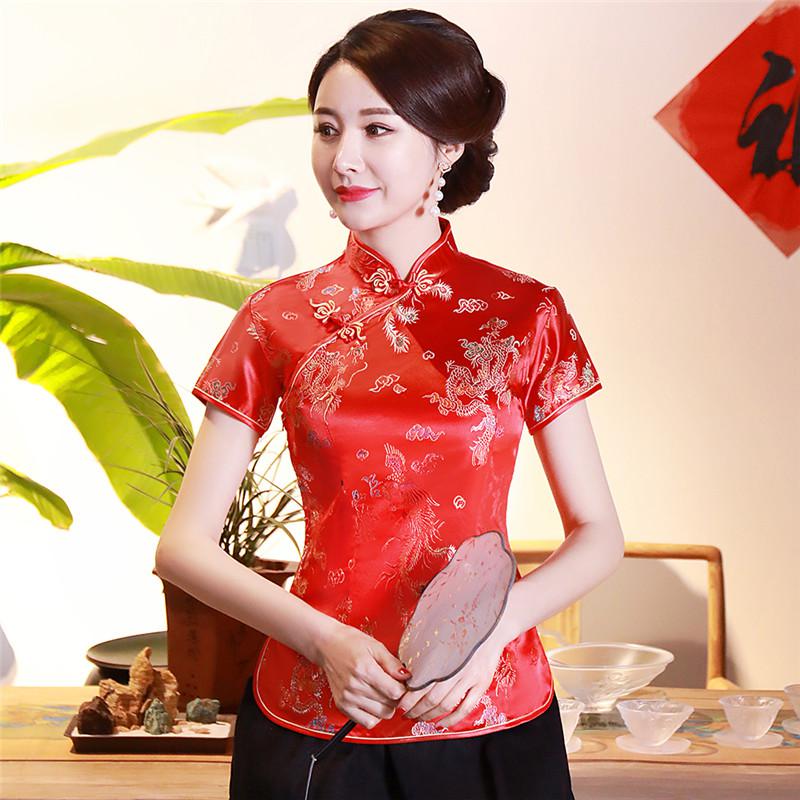 Dragon Hollywood X - Vintage Flower Women Chinese Traditional Satin Blouse Summer Sexy Shirt Novelty Dragon Clothing Tops Plus Size 3XL4XL WS009