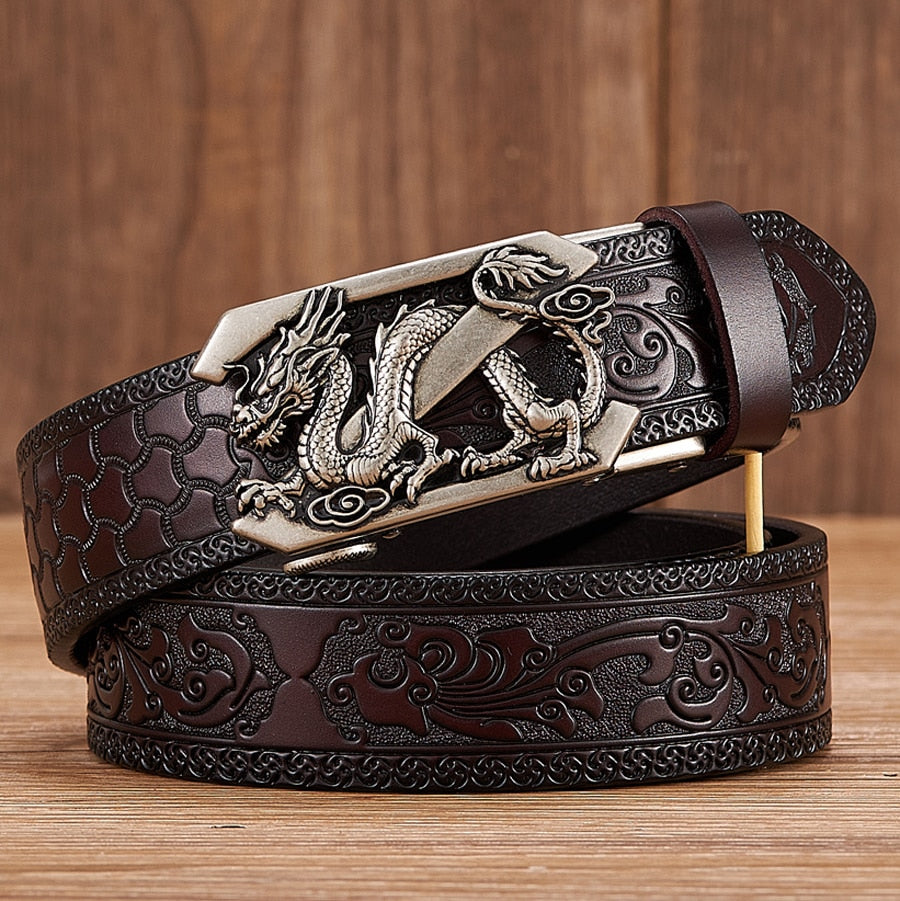 Dragon Hollywood X - Fashion Embossed Retro Male Female Unisex Belts Cowhide Genuine Leather Belt Dragon Pattern Automatic Buckle Strap - BEVERLY HILLS