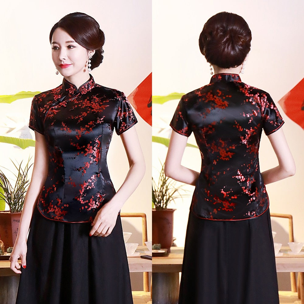 Dragon Hollywood X - Vintage Flower Women Chinese Traditional Satin Blouse Summer Sexy Shirt Novelty Dragon Clothing Tops Plus Size 3XL4XL WS009