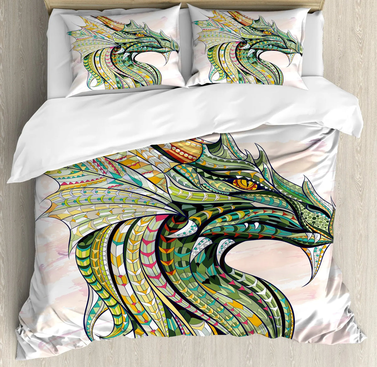 DRAGON HOLLYWOOD X - Duvet Cover Head of Dragon Ornate Effects on Backdrop Mythical Illustration for Women Men Kids Bedroom Decorations White Green BLUE - BEVERLY HILLS, CA