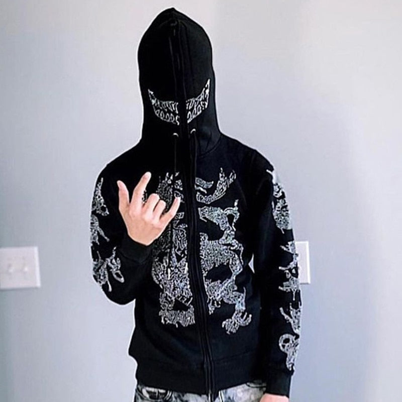 Dragon Hollywood X - Men and Womens Rhinestone Dragon Print Top Sweatshirts Long Sleeve Casual Hoodie Oversize Hip Hop Fashion Y2k Clothes Pullover Jackets Coat