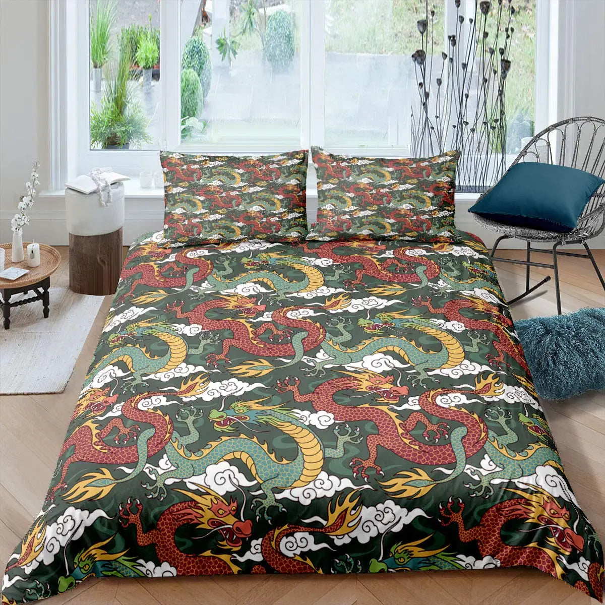 DRAGON HOLLYWOOD X - Duvet Cover Head of Dragon Ornate Effects on Backdrop Mythical Illustration for Women Men Kids Bedroom Decorations White Green BLUE - BEVERLY HILLS, CA