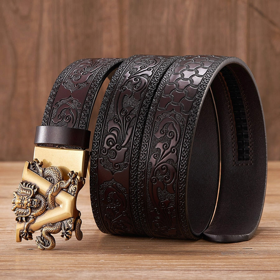 Dragon Hollywood X - Fashion Embossed Retro Male Female Unisex Belts Cowhide Genuine Leather Belt Dragon Pattern Automatic Buckle Strap - BEVERLY HILLS