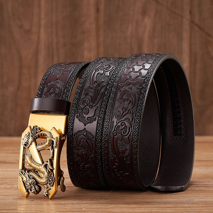Dragon Hollywood X - Fashion Embossed Retro Male Female Unisex Belts Cowhide Genuine Leather Belt Dragon Pattern Automatic Buckle Strap - BEVERLY HILLS