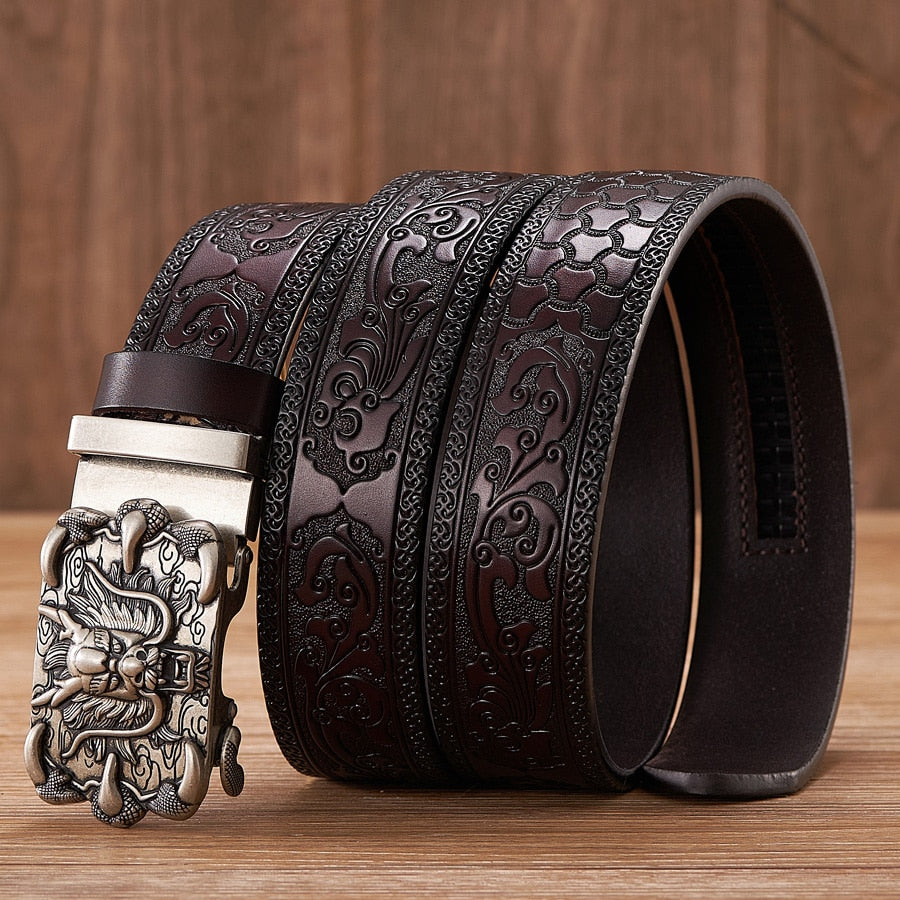 Dragon Hollywood X - Fashion Embossed Retro Male Female Unisex Belts Cowhide Genuine Leather Belt Dragon Pattern Automatic Buckle Strap - BEVERLY HILLS