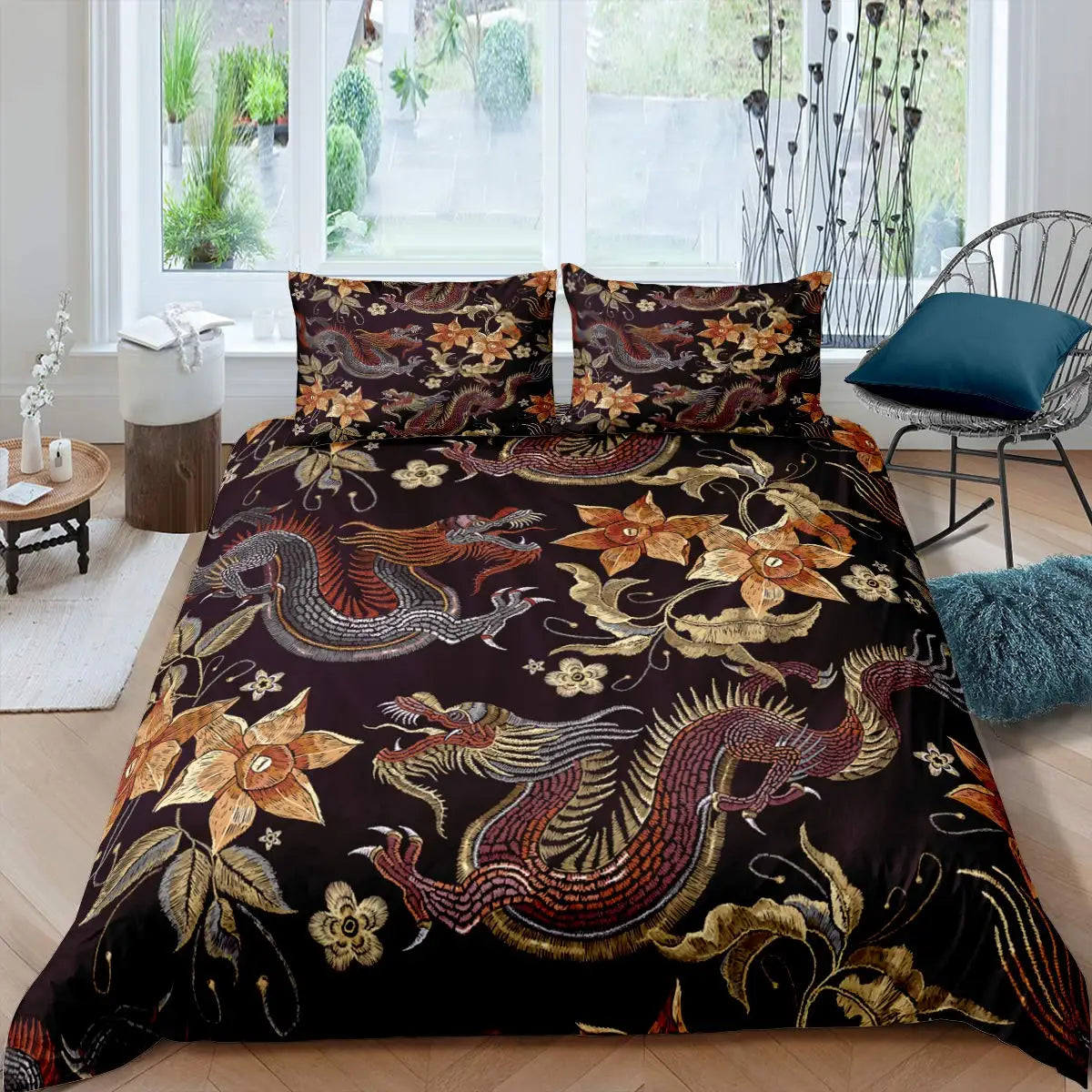 DRAGON HOLLYWOOD X - Duvet Cover Head of Dragon Ornate Effects on Backdrop Mythical Illustration for Women Men Kids Bedroom Decorations White Green BLUE - BEVERLY HILLS, CA