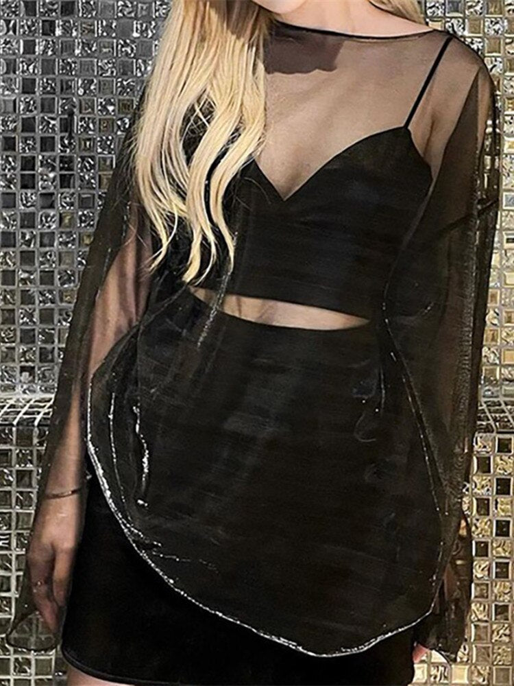 Dragon Hollywood X - Solid See Through Tshirt Women Sexy Tops O-Neck Long Sleeve Oversized T Shirt For Women Clothing Club Y2k Aesthetic  Tees