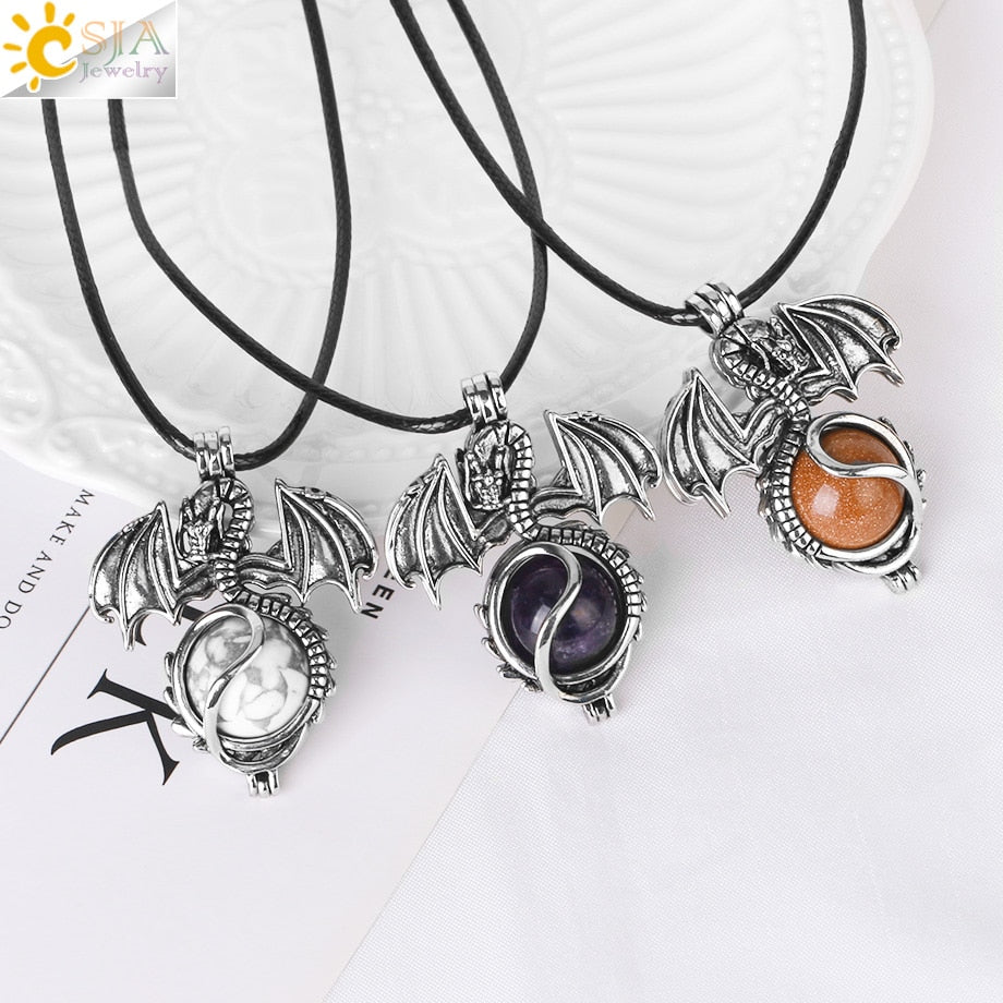 Dragon Hollywood X - Vintage Dragon Necklace - A Natural Stone Crystal Pendant Necklace for Women and Men Amethysts Pink Quartz Tiger Eye Jewelry - BEVERLY HILLS CALIFORNIA