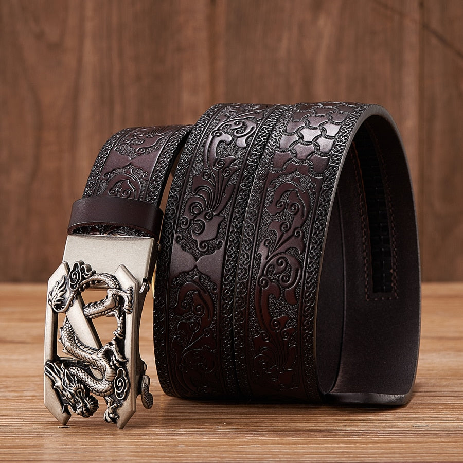 Dragon Hollywood X - Fashion Embossed Retro Male Female Unisex Belts Cowhide Genuine Leather Belt Dragon Pattern Automatic Buckle Strap - BEVERLY HILLS