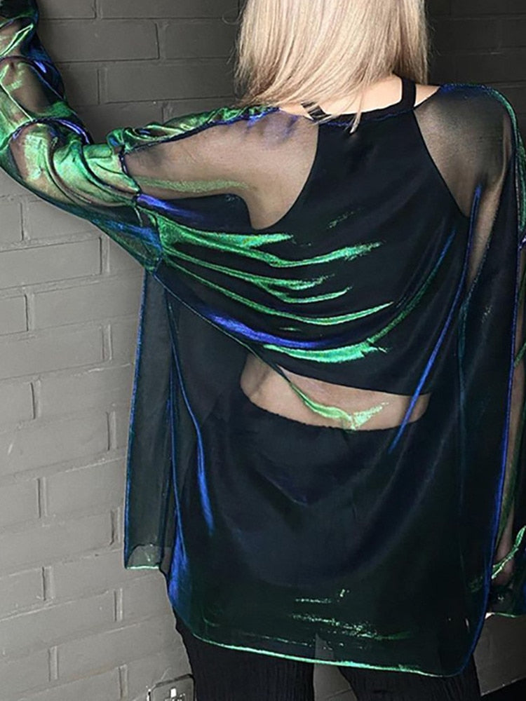 Dragon Hollywood X - Solid See Through Tshirt Women Sexy Tops O-Neck Long Sleeve Oversized T Shirt For Women Clothing Club Y2k Aesthetic  Tees