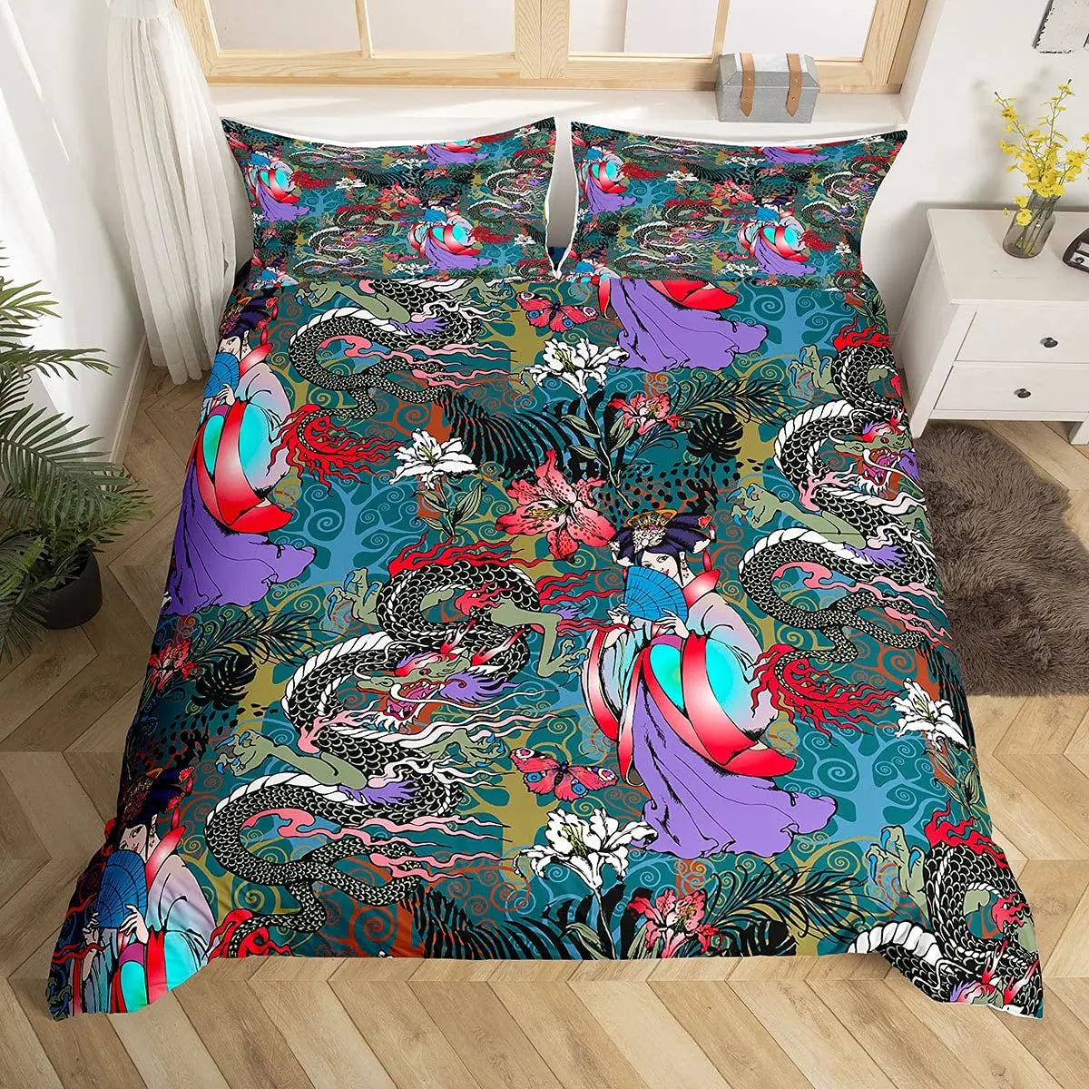 DRAGON HOLLYWOOD X - Duvet Cover Head of Dragon Ornate Effects on Backdrop Mythical Illustration for Women Men Kids Bedroom Decorations White Green BLUE - BEVERLY HILLS, CA