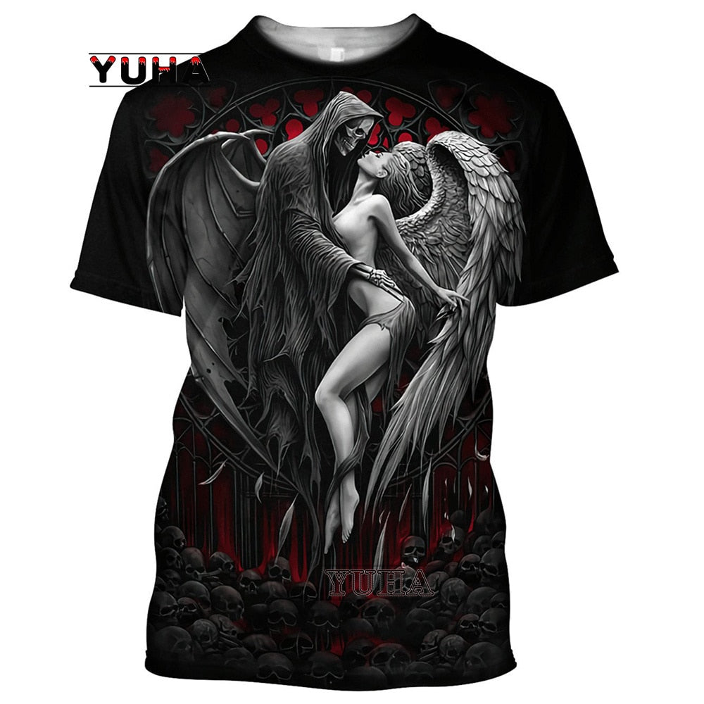 Dragon Hollywood X -,Reaper Skull Angel And Demon 3D Printed All Over Men's T-shirts Summer Fashion Harajuku Short Sleeve Shirts Unisex Tops Tee