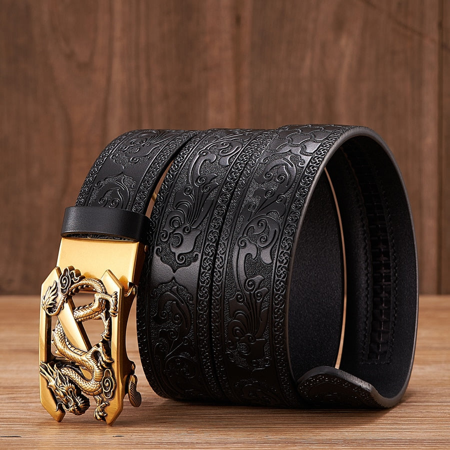 Dragon Hollywood X - Fashion Embossed Retro Male Female Unisex Belts Cowhide Genuine Leather Belt Dragon Pattern Automatic Buckle Strap - BEVERLY HILLS