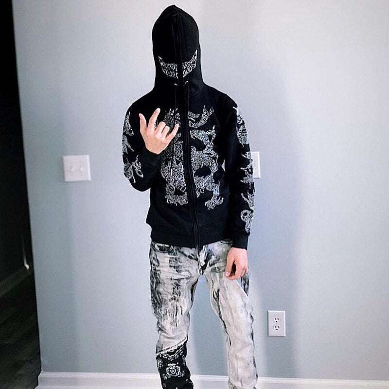 Dragon Hollywood X - Men and Womens Rhinestone Dragon Print Top Sweatshirts Long Sleeve Casual Hoodie Oversize Hip Hop Fashion Y2k Clothes Pullover Jackets Coat