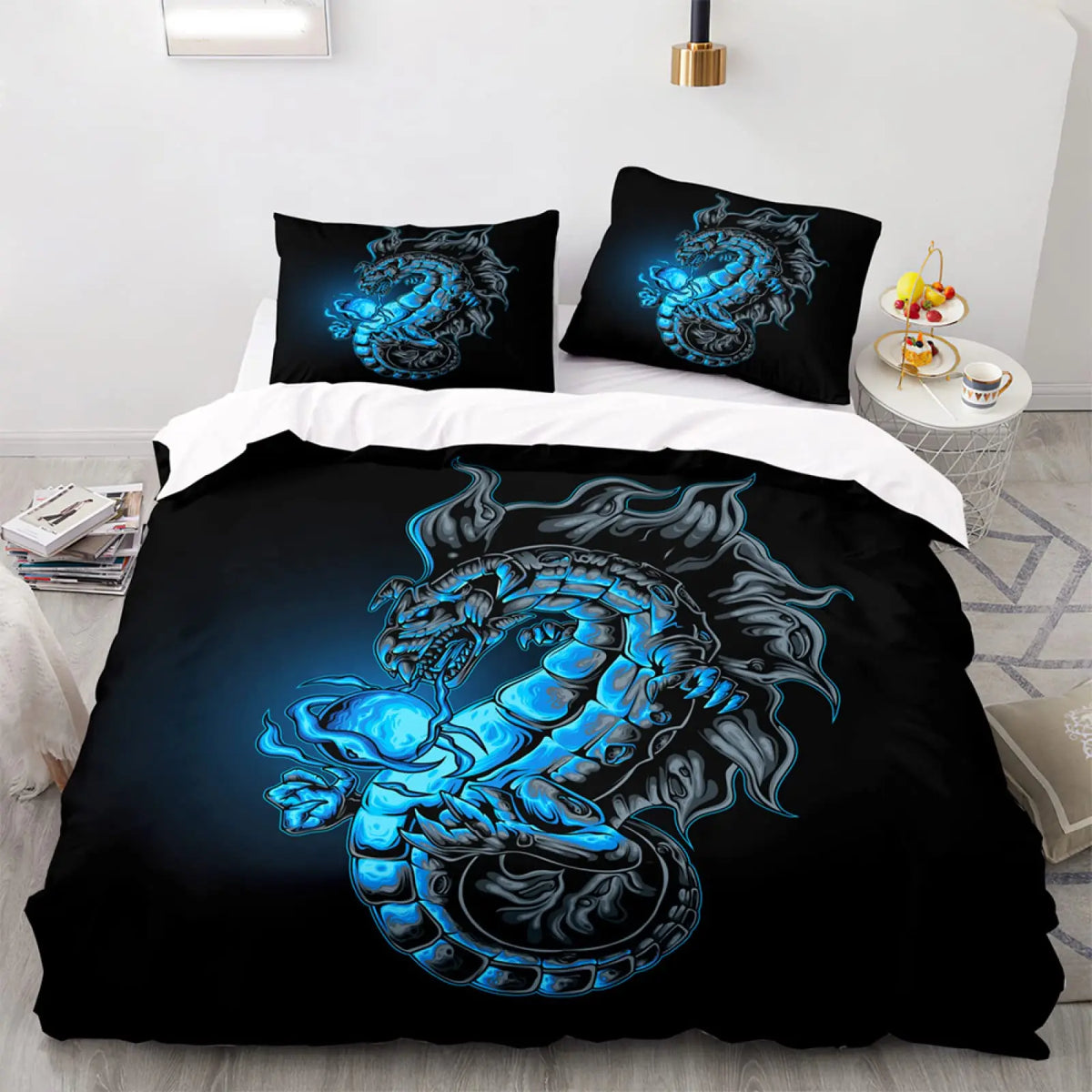 DRAGON HOLLYWOOD X - Duvet Cover Head of Dragon Ornate Effects on Backdrop Mythical Illustration for Women Men Kids Bedroom Decorations White Green BLUE - BEVERLY HILLS, CA