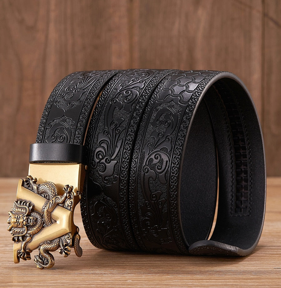 Dragon Hollywood X - Fashion Embossed Retro Male Female Unisex Belts Cowhide Genuine Leather Belt Dragon Pattern Automatic Buckle Strap - BEVERLY HILLS