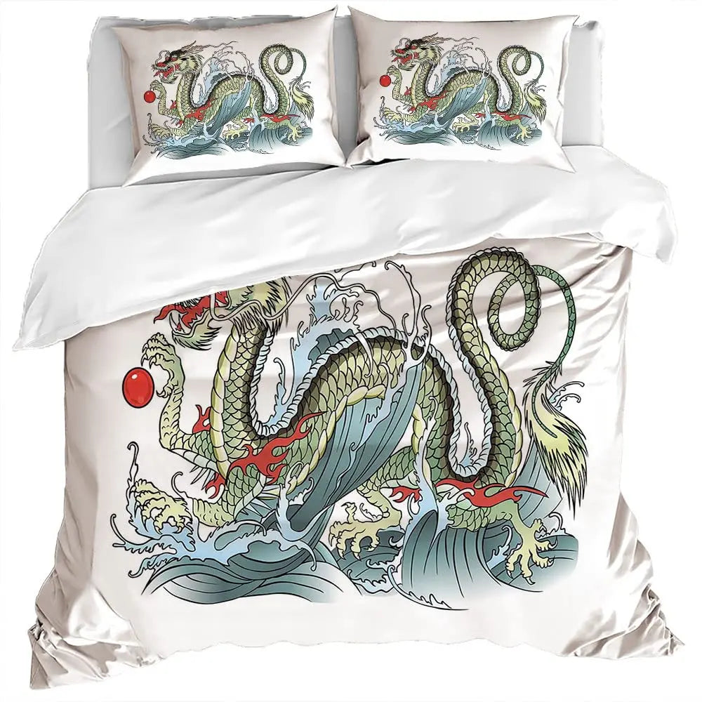 DRAGON HOLLYWOOD X - Duvet Cover Head of Dragon Ornate Effects on Backdrop Mythical Illustration for Women Men Kids Bedroom Decorations White Green BLUE - BEVERLY HILLS, CA