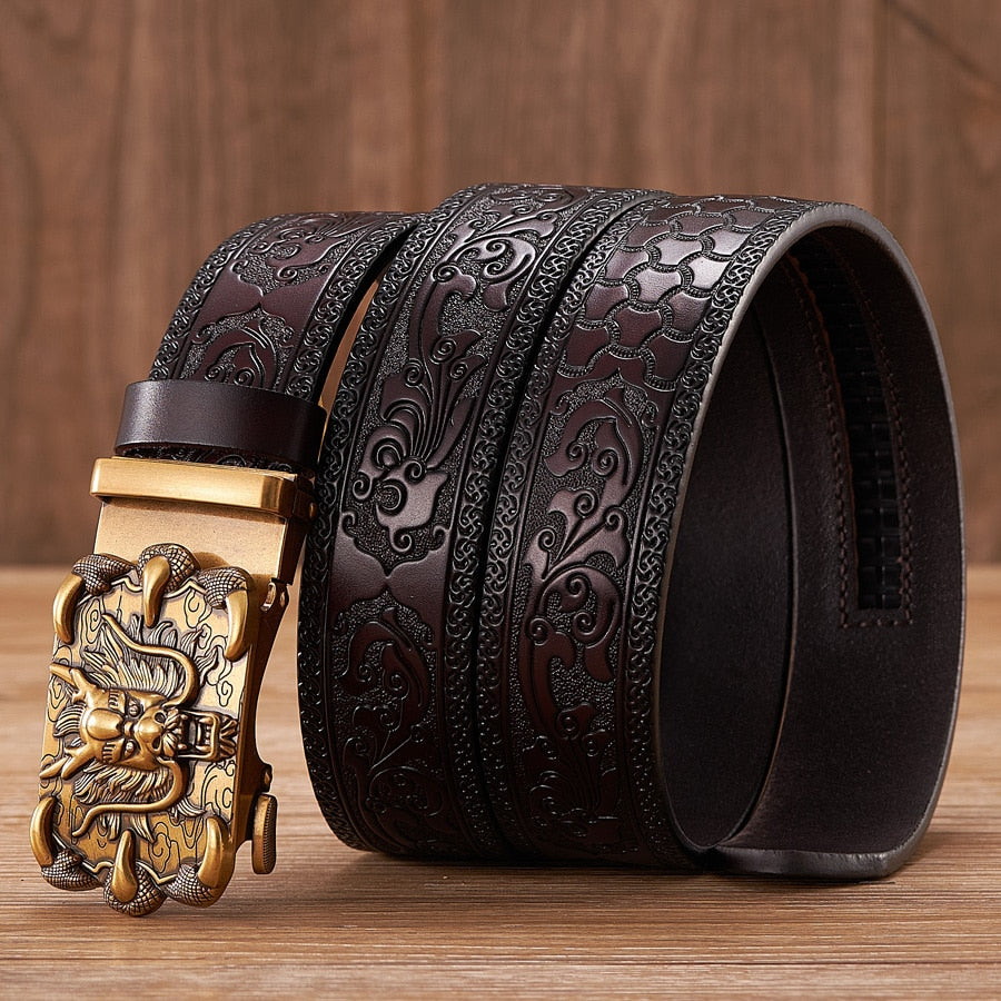 Dragon Hollywood X - Fashion Embossed Retro Male Female Unisex Belts Cowhide Genuine Leather Belt Dragon Pattern Automatic Buckle Strap - BEVERLY HILLS