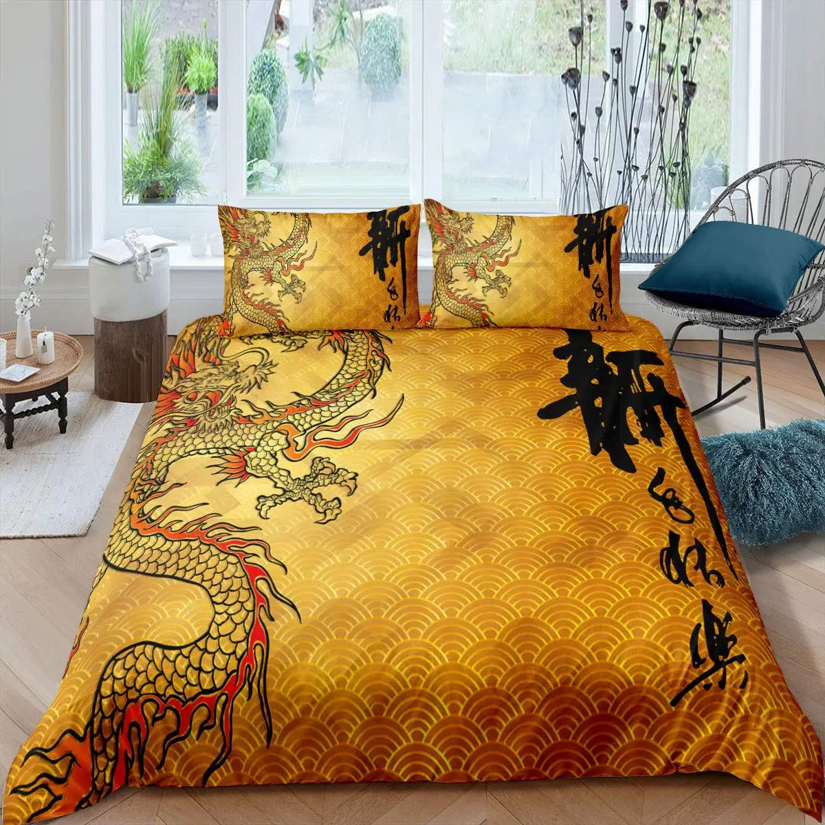 DRAGON HOLLYWOOD X - Duvet Cover Head of Dragon Ornate Effects on Backdrop Mythical Illustration for Women Men Kids Bedroom Decorations White Green BLUE - BEVERLY HILLS, CA