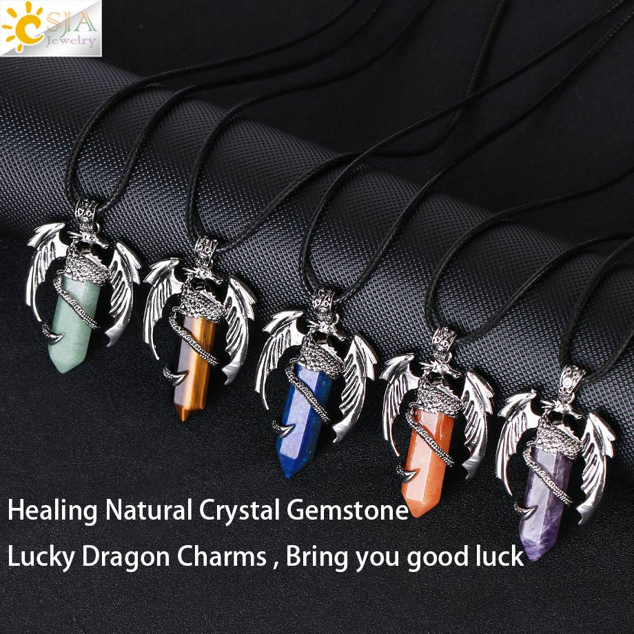 Dragon Hollywood X - CSJA Animal Dragon Man Necklace Natural Gem Stone Healing Pink Quartz Hexagonal Crystal Pendant Vintage Jewelry for Women H012  - BEVERLY HILLS, CALIFORNIA - USA