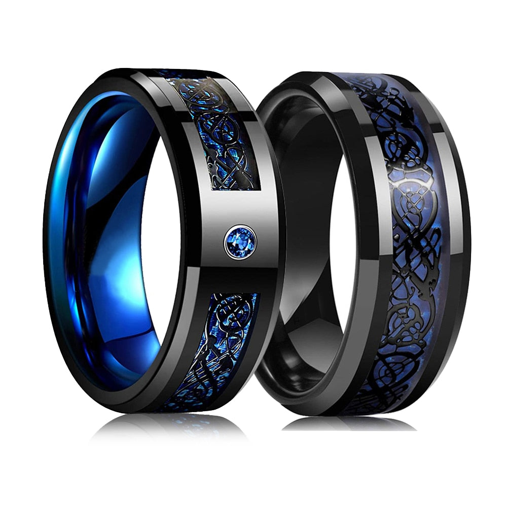 Fashion Men 8mm Black Tungsten Wedding Celtic Dragon Ring Inlaid Green Zircon Punk Men Stainless Steel Green Carbon Fibre Ring
