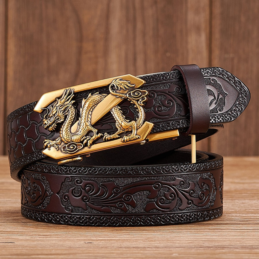 Dragon Hollywood X - Fashion Embossed Retro Male Female Unisex Belts Cowhide Genuine Leather Belt Dragon Pattern Automatic Buckle Strap - BEVERLY HILLS