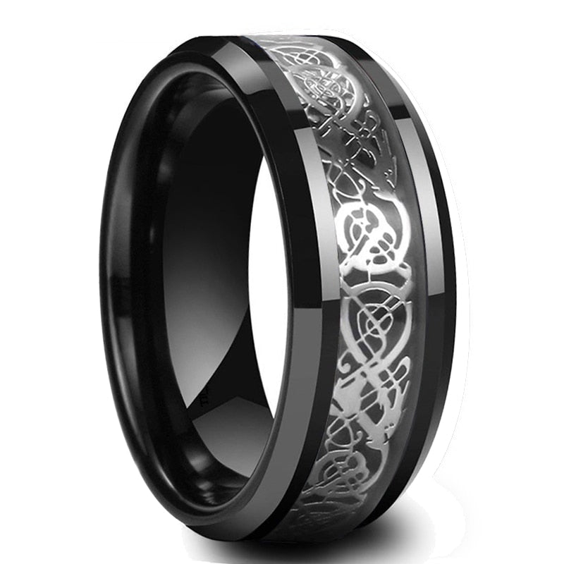 Fashion Men 8mm Black Tungsten Wedding Celtic Dragon Ring Inlaid Green Zircon Punk Men Stainless Steel Green Carbon Fibre Ring