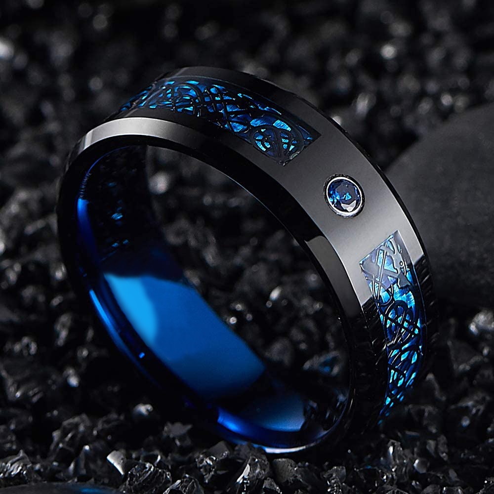 Fashion Men 8mm Black Tungsten Wedding Celtic Dragon Ring Inlaid Green Zircon Punk Men Stainless Steel Green Carbon Fibre Ring