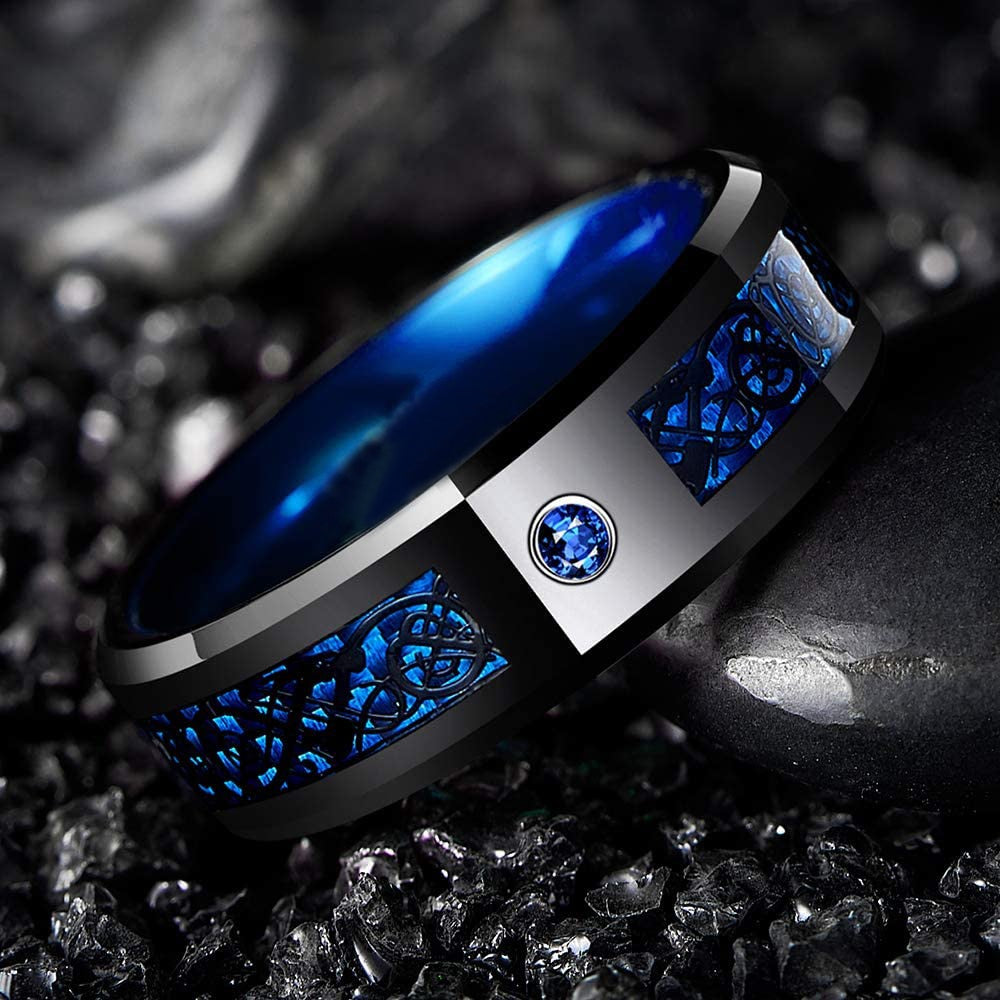 Fashion Men 8mm Black Tungsten Wedding Celtic Dragon Ring Inlaid Green Zircon Punk Men Stainless Steel Green Carbon Fibre Ring