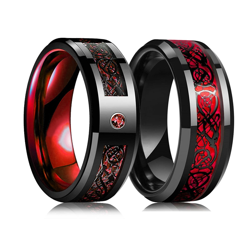 Fashion Men 8mm Black Tungsten Wedding Celtic Dragon Ring Inlaid Green Zircon Punk Men Stainless Steel Green Carbon Fibre Ring