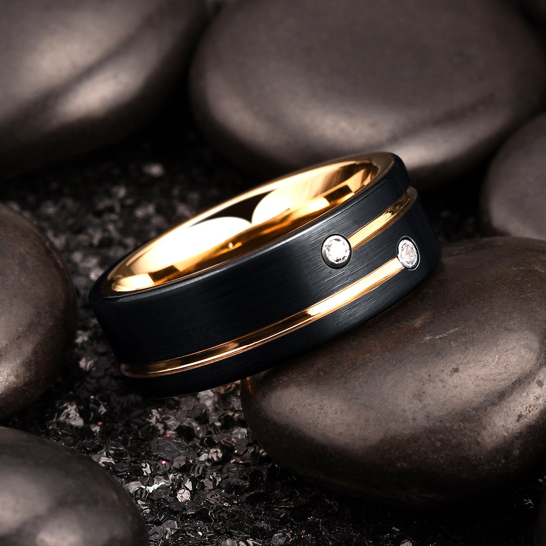 Fashion Men 8mm Black Tungsten Wedding Celtic Dragon Ring Inlaid Green Zircon Punk Men Stainless Steel Green Carbon Fibre Ring