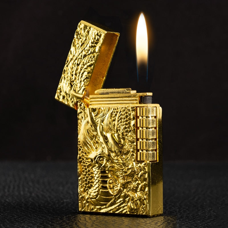 New Grinding Wheel Free Fire Lighter Metal Ultra Thin Embossed Gold Dragon Flint Gas Lighter Butane Windproof Cigarette Lighters