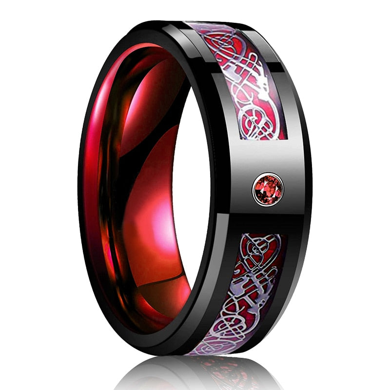Fashion Men 8mm Black Tungsten Wedding Celtic Dragon Ring Inlaid Green Zircon Punk Men Stainless Steel Green Carbon Fibre Ring