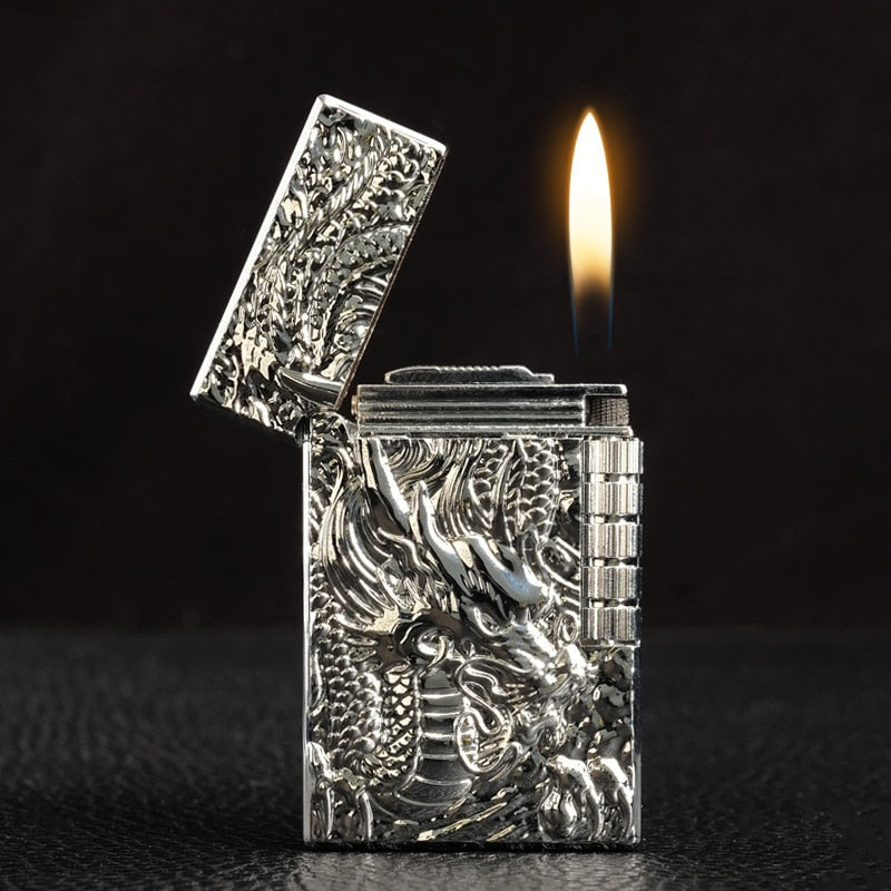 New Grinding Wheel Free Fire Lighter Metal Ultra Thin Embossed Gold Dragon Flint Gas Lighter Butane Windproof Cigarette Lighters