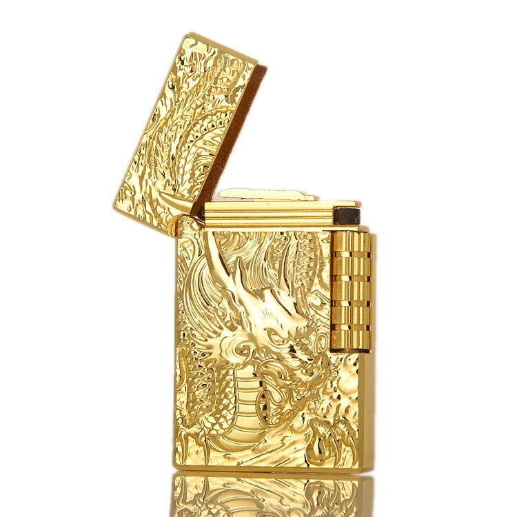 Fine Carving Dragon Side Grinding Wheel Open Fire Butane Gas Lighter Wholesale Lighter Stainless Steel