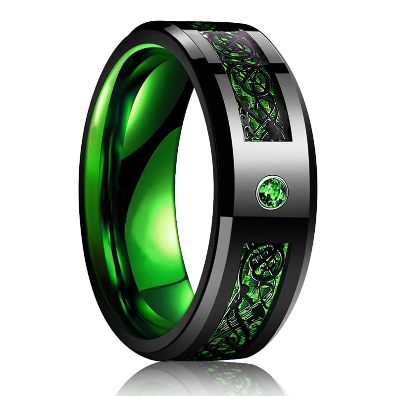 Fashion Men 8mm Black Tungsten Wedding Celtic Dragon Ring Inlaid Green Zircon Punk Men Stainless Steel Green Carbon Fibre Ring