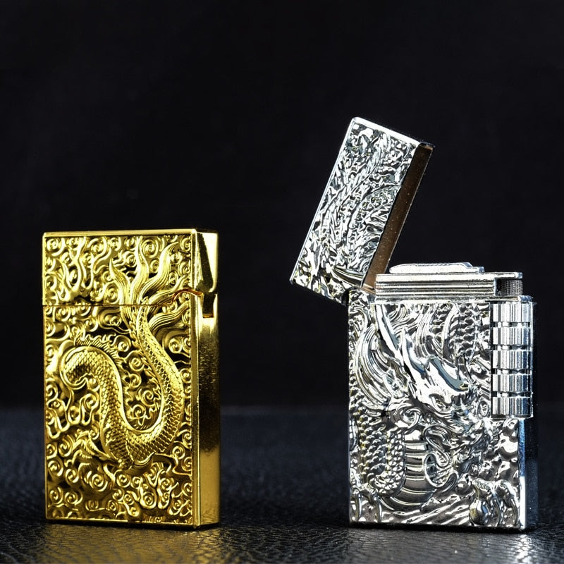 New Grinding Wheel Free Fire Lighter Metal Ultra Thin Embossed Gold Dragon Flint Gas Lighter Butane Windproof Cigarette Lighters