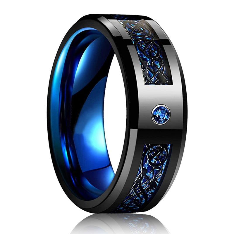 Fashion Men 8mm Black Tungsten Wedding Celtic Dragon Ring Inlaid Green Zircon Punk Men Stainless Steel Green Carbon Fibre Ring