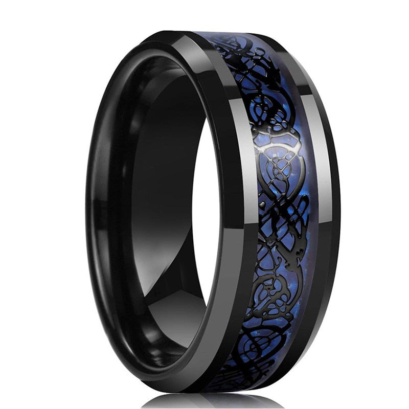 Fashion Men 8mm Black Tungsten Wedding Celtic Dragon Ring Inlaid Green Zircon Punk Men Stainless Steel Green Carbon Fibre Ring