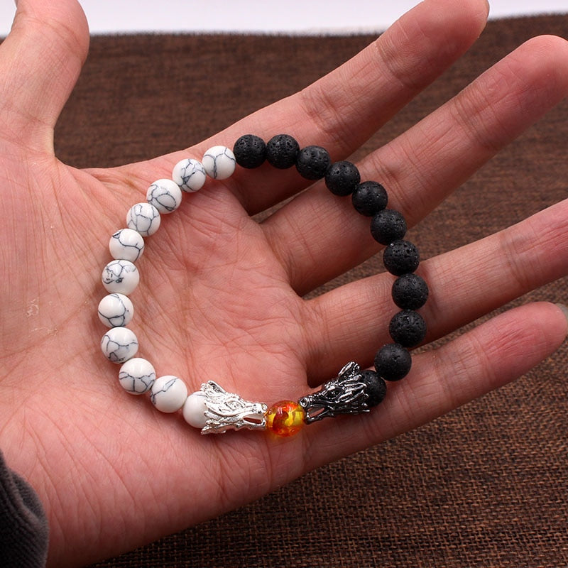 Dragon Hollywood X - Natural Black Lava &amp; White Howlite Stone Beads Bracelet Pulseira Masculina Mens Jewelry Buddha Dragon Bead Bracelet For All - BEVERLY HILLS - CALIFORNIA - USA