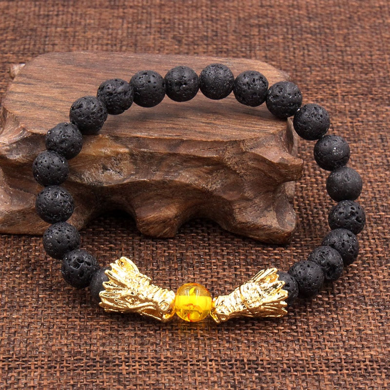 Dragon Hollywood X - Natural Black Lava &amp; White Howlite Stone Beads Bracelet Pulseira Masculina Mens Jewelry Buddha Dragon Bead Bracelet For All - BEVERLY HILLS - CALIFORNIA - USA