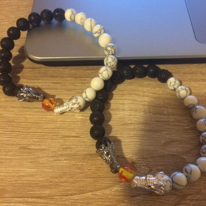 Dragon Hollywood X - Natural Black Lava &amp; White Howlite Stone Beads Bracelet Pulseira Masculina Mens Jewelry Buddha Dragon Bead Bracelet For All - BEVERLY HILLS - CALIFORNIA - USA